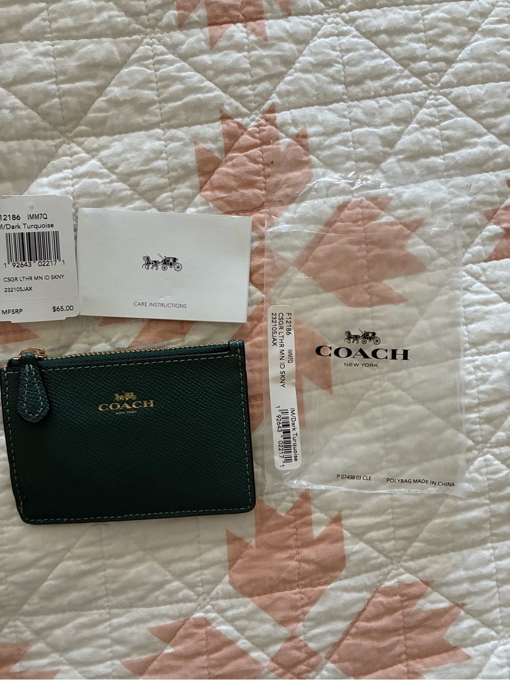 New Coach mini ID Case Leather Zip Card Holder forest green dark turquoise - Picture 2 of 6